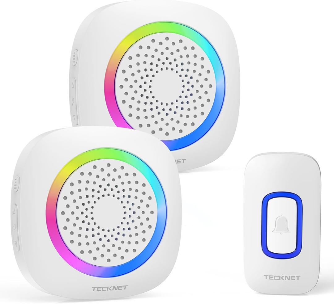 TECKNET Wireless Doorbell with 2 Portable Doorbells with RGB Light, Battery Powered IP66 Waterproof Door Chime Kit, 1300ft Wireless Range, 60 Chimes & 5 Level Volume, Using Time up to 4.5 Years