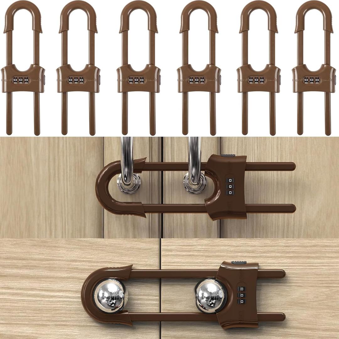 6 Pack Child Proof U-Shaped Code Sliding Cabinet Door Locks Adjustable Baby Safety Plastic Cupboard Cabinet Latches Set for Knob Handle Drawers Closet Coffee