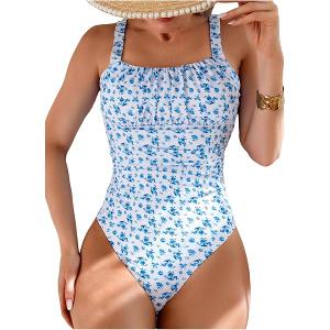 1pc Women Blue Ditsy Floral Ruched Bust Cinched Waist One-Piece Swimsuit, Swimsuit XS 