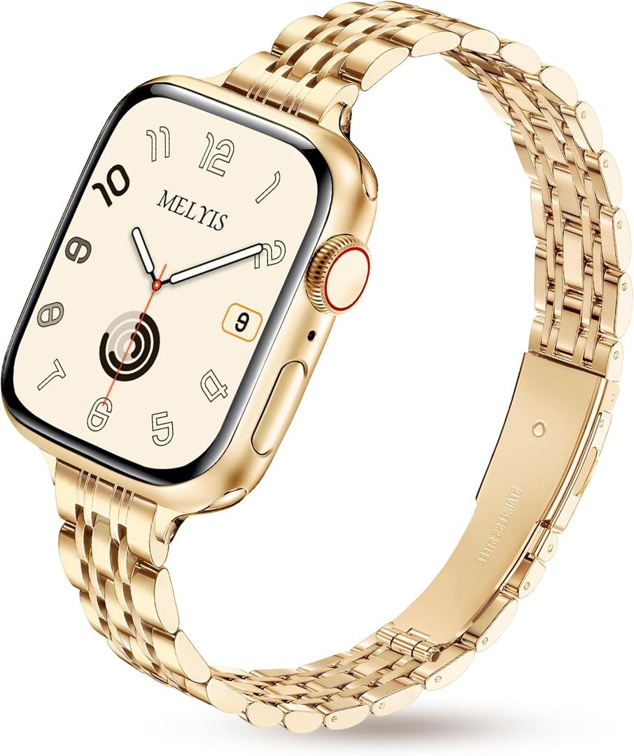Melyis Slim Metal Band Fits Apple Watch Bands for Women 42mm(Series 11/10) 40mm 41mm 38mm, Dressy Stainless Steel iWatch Bands, Thin Band for Apple Watch Series 11 10 9 SE 8 7 6 5 4 3, Gold