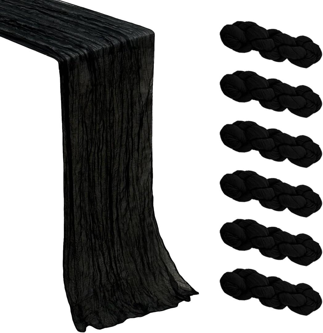 6Pack Black Cheesecloth Table Runner Boho Gauze Cheese Cloth Table Runners Sheer Black Table Runners for Wedding Party Baby Shower Birthday Home Decor