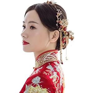 Women Gold Butterfly Hair Comb Traditional Chinese Wedding Headdress Accessories Red Pearl Stick Head Jewelry Bridal Headpiece