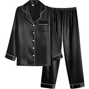 Ekouaer Women Satin Pajamas Set Classic Button Down Long Pjs Set (Medium, Black)