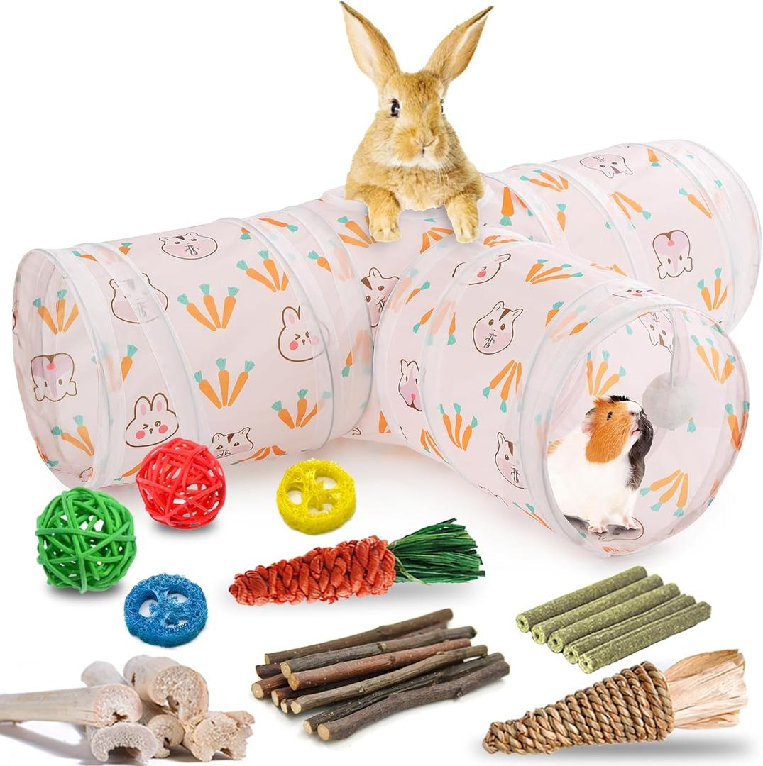 HERCOCCI Rabbit Toys, Bunny Tunnels & Tubes, Collapsible 3 Way Rabbit Hideout Tunnel with Chew Toys for Bunny Guinea Pig Ferret Kitten (White)