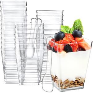Eupako 50 Pack 5 oz Square Clear Plastic Dessert Cups with Spoons Small Clear Plastic Tumbler Cups Great for Desserts, Appetizers, Puddings, Mousse