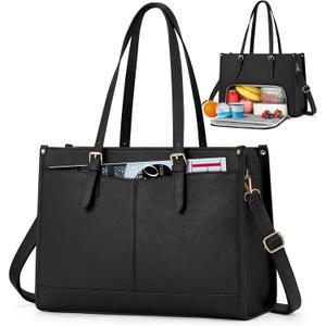 Lunch Tote Bag for Women 15.6 Inch Laptop Bag with Insulated Lunch Compartment Leather Quilted Computer Tote for Teacher Work (Black)