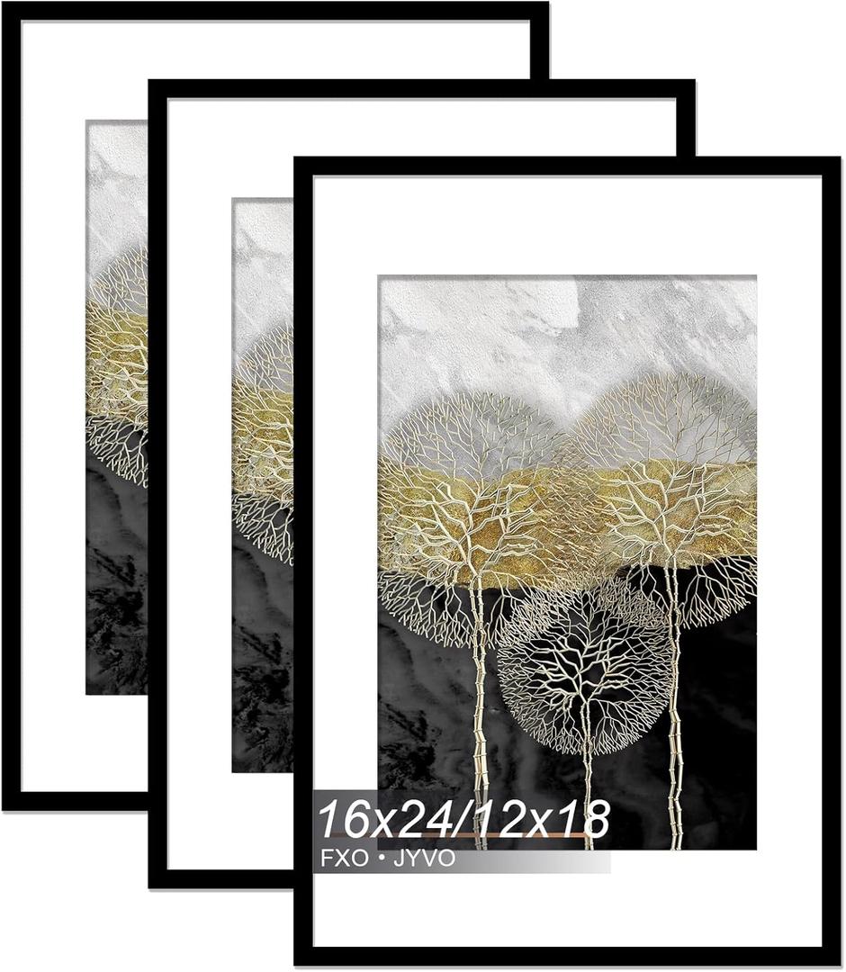 Fxojyvo 16x24 Picture Frame Set of 3, Display Poster 12x18 with Mat or 16 x 24 Without Mat, Light Weight and High Transparent 16 by 24 Frame for Wall - 3 Pack/Black/16 x24