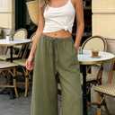 VZQI Wide Leg Pants for Women Flowy Palazzo Drawstring Elastic Waist Trousers with Pockets Summer Beach Vacation Yoga Clothes Green XL (Green, XL)
