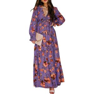 BLENCOT Womens Casual Boho Floral Printed V Neck Long Sleeve Long Maxi Dress Spring Summer Dresses (Medium, Purple)