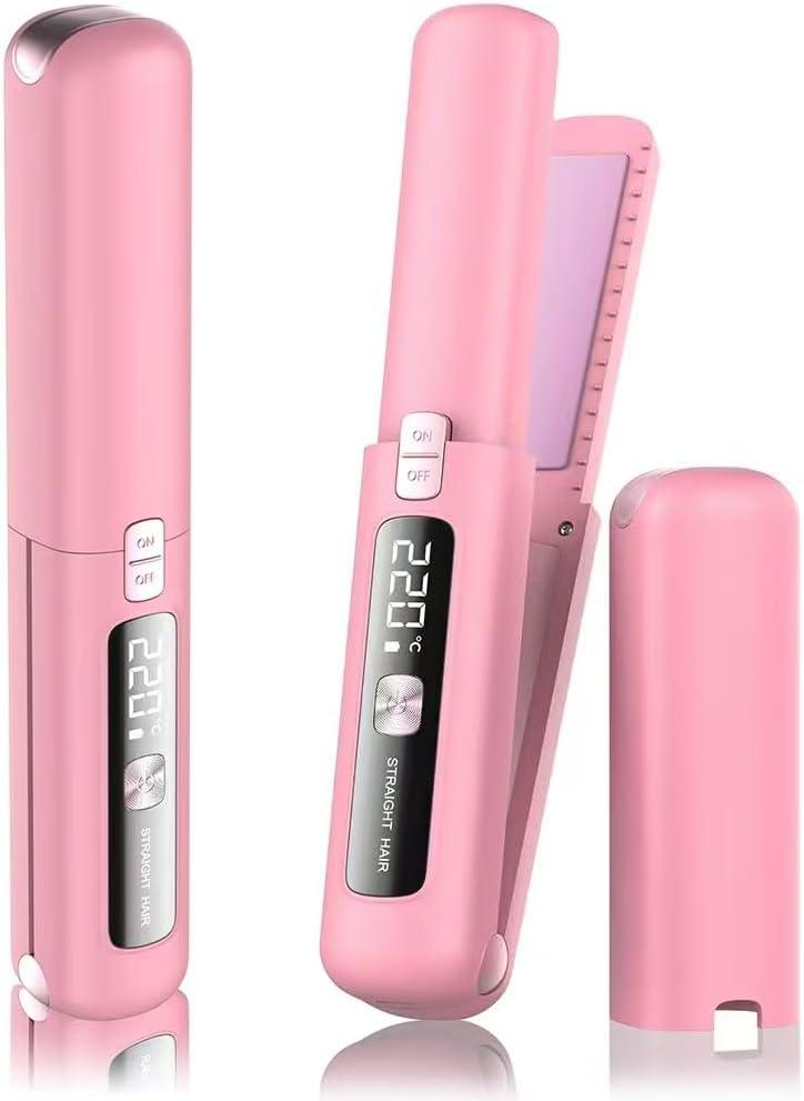 Cordless Hair Straightener and Curler 2 in 1, Mini, Lightweight and Small,USB Rechargeable with 4500mAh Battery, 10s Fast Heating, Portable Ceramic Flat Iron for Travel (Pink)