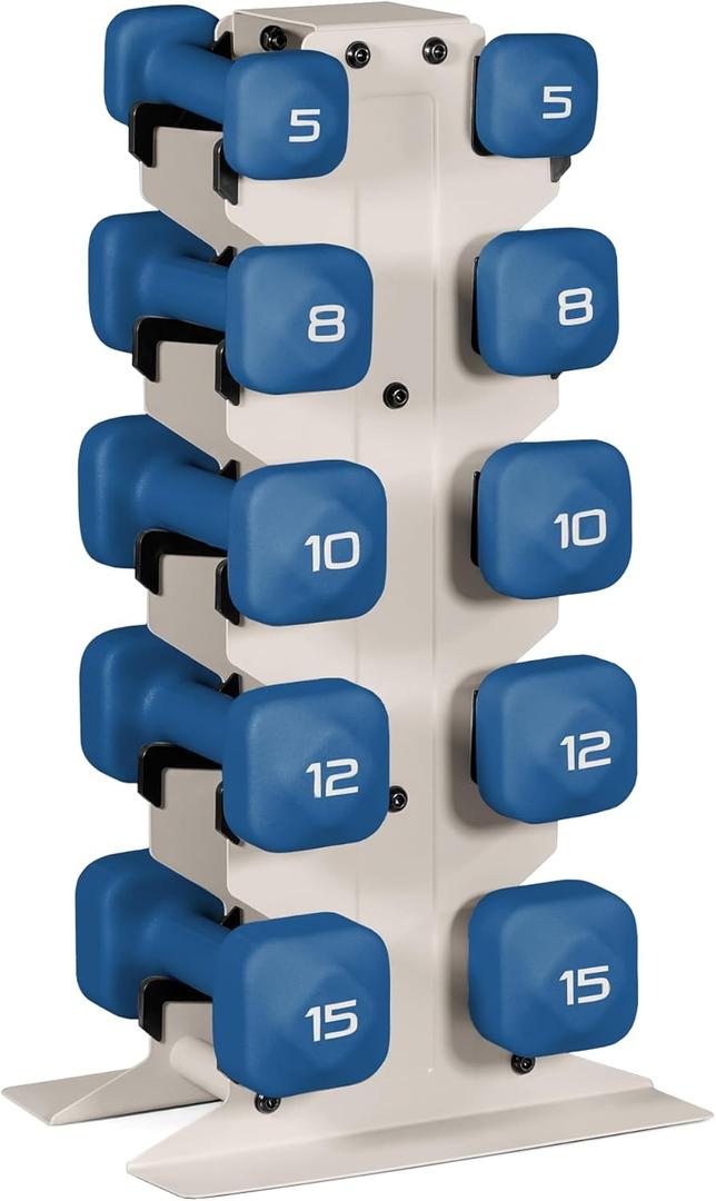 Tone Fitness Neoprene Dumbbell Set with Storage Rack Non-Slip, Anti-Roll Hand Weights for Home Gym Workouts | Light Gray Rack, Blue, 100 lb Set