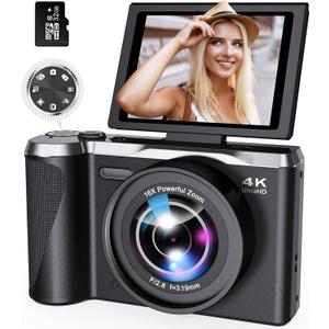 4K Digital Camera for Photography, 56MP Autofocus Vlogging Camera with 3" 180° Flip Screen, 16X Zoom Compact Travel Camera for Beginners & Teens with 32GB SD Card Included