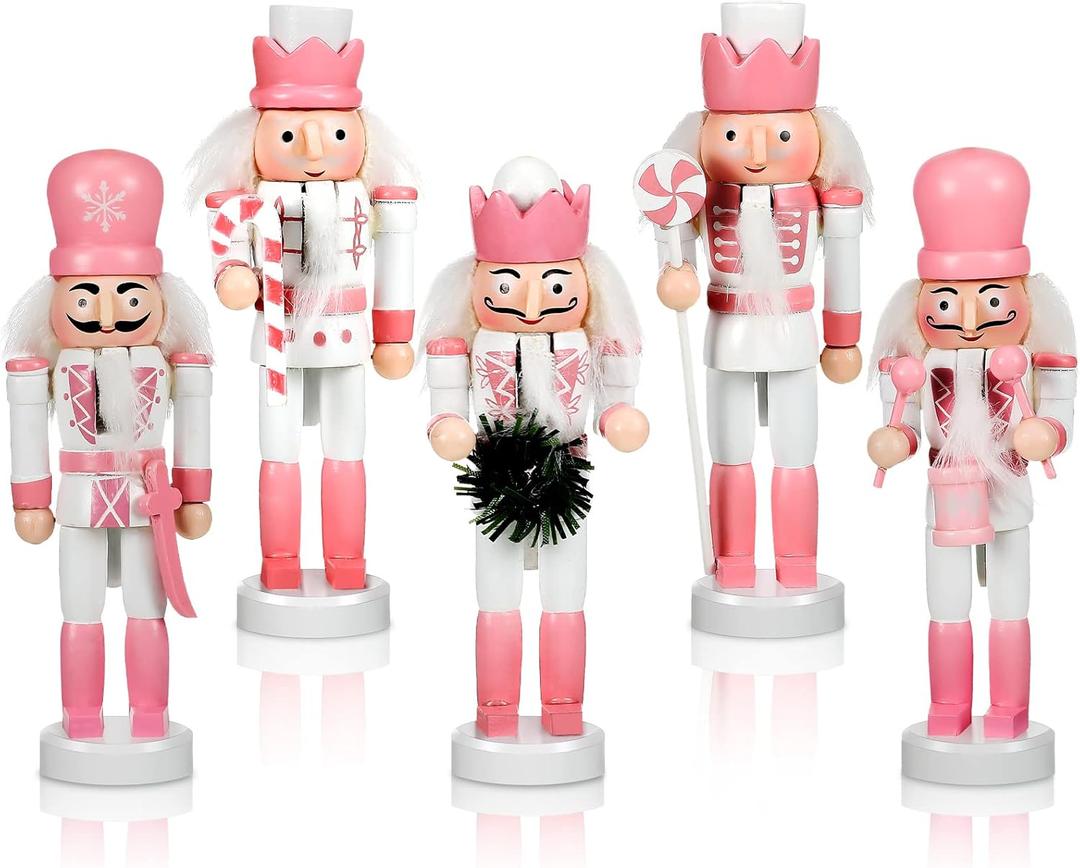 Amyhill 5 Pcs Christmas Nutcracker Ornaments Pink Wooden Nutcracker Hanging Decorations 5 Inch Soldier Nutcracker Figures Christmas Table Decoration Gift for Christmas Tree Holiday Party