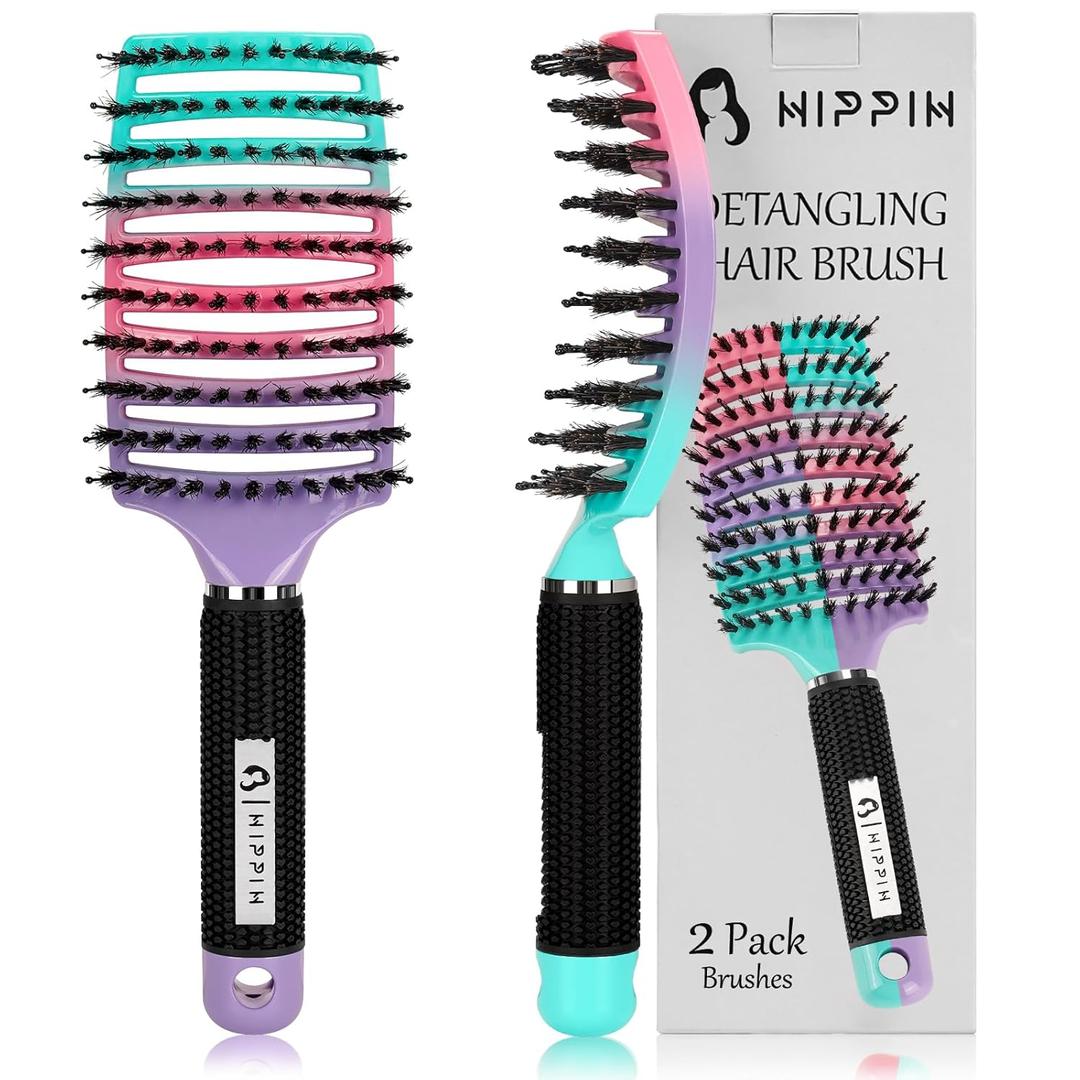 Hair Brushes for Women 2 Pack, HIPPIH Detangler Hair brush for Adult & Kids Wet or Dry Hair, Boar Bristle Hair Brush Getting Knots Out without Pain Adds Shine and Makes Hair Smooth (Purple & Green)