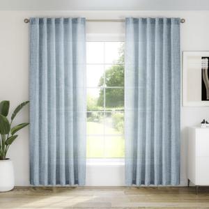 Light Blue Linen Curtains 92 Inch Length 2 Panel Set for Living Room - Semi Sheer Farmhouse Drapes With Back Tab Rod Pocket, Light Filtering for Bedroom, Stone Blue