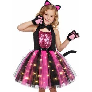 Black Cat Costume for Girls LED Light Up Dress with Ears Headband Lavaliere Claw Holder Tail Bowtie Tutu