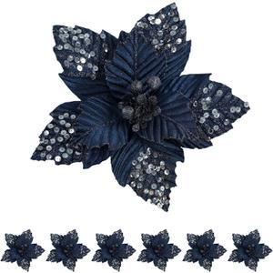 Pretty Jolly 11-inch Large Christmas Glitter Poinsettia Flowers Artificial Gold Flowers Artificial for Decoration Xmas Flowers Christmas Tree Decoration New Year Ornaments, Navy, 6pcs