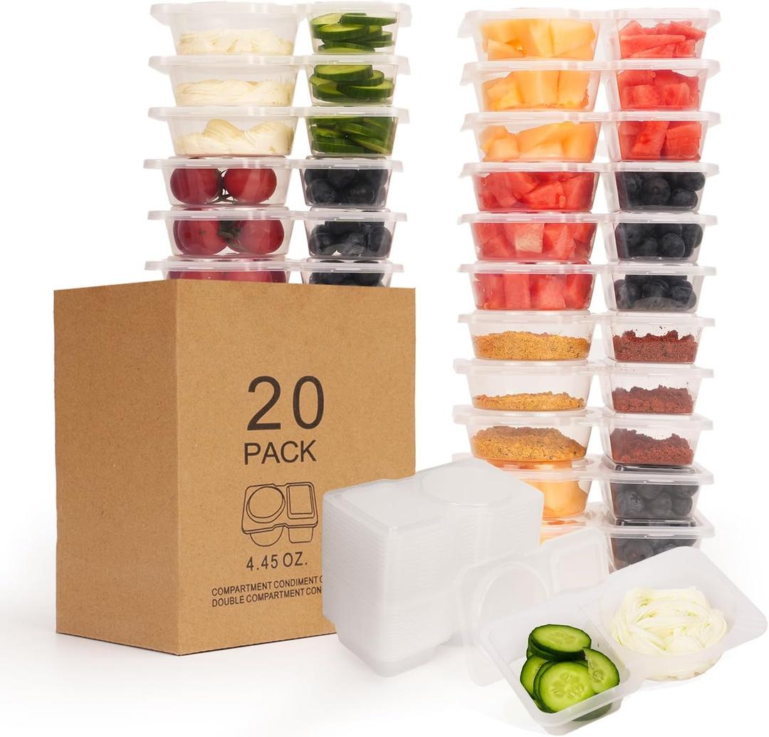 20Pcs Reusable Snack Containers with Lids,Condiment Snackle Box Container, Double Compartment Meal Prep Containers, Snack Pack Containers, Lightweight and Stackable,Microwave Freezer Safe