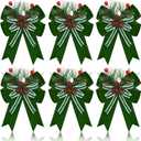 6 Pcs Christmas Velvet Bow with Pine Cones Pine Needles Xmas Sage Green Ribbon Bow Ornaments for Christmas Tree Wreath Garland DIY Crafts Decoration