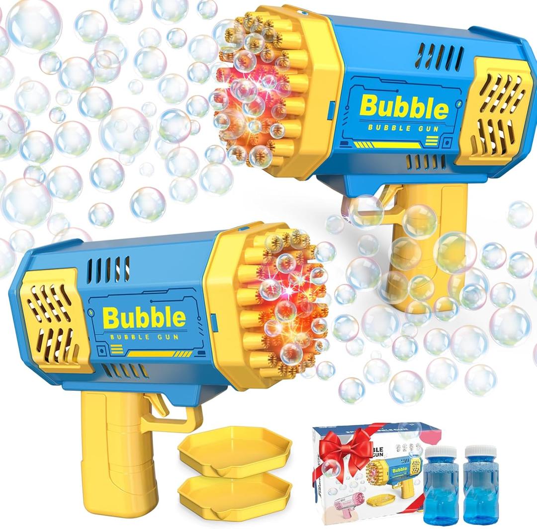 LUSJNGE 2 Bubble Gun with 2 Bottles Refill Solution for Kids, 40-Hole Light Up Bubble Machine for Toddlers 1-3, Blue Bubble Blaster Maker, Party Favors Toys for Boys Girls 4-8 Birthday Gifts