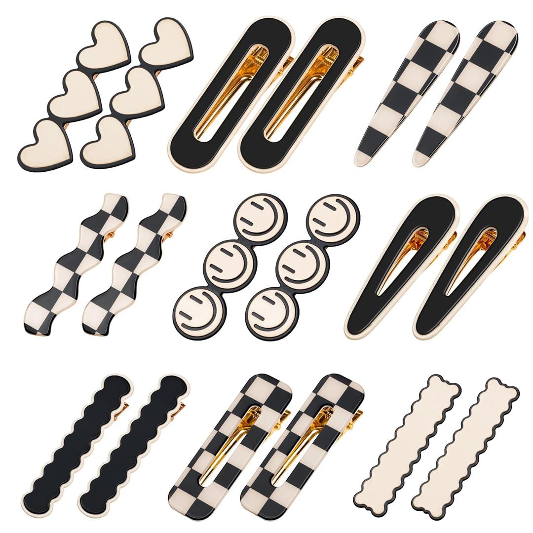 Gingbiss 18 Pcs Hair Clips for Women Girls, Black White Checker Cute Hair Barrettes with Storage Box, No Bend Korean Styling Minimalist Hair Accessories, Gift for Women Girls