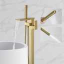 RUMOSE Brushed Gold Bathtub Filler Freestanding Tub Filler Floor Mount Tub Faucet Waterfall Bathtub Faucet with CUPC Certified High Flow Brass Bath Shower Faucets with Handheld Sprayer