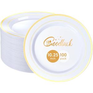 Goodluck 100PCS Gold Plastic Plates, 10.25 Inch Dinner Plate with Gold Rim, Heavy Duty Disposable Plastic Plates for Party, Wedding, Birthday & Daily Use