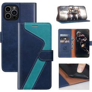 for iPhone 12 Pro Max Wallet Case,Leather Flip Case [RFID Blocking] Credit Card Holder Folio Magnetic Stand TPU Shockproof Cover Color Matching for iPhone 12 Pro Max (6.7") Blue Green