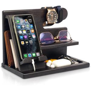 TESLYAR Wood Phone Docking Station for Men - Desktop or Nightstand Organizer - Birthday Gifts for Men, Dad - Anniversary Idea from Wife - Key Holder, Stand Wallet, Watch & Essentials (Black)