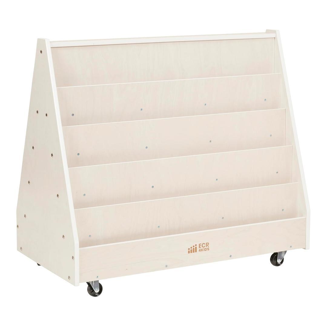 ECR4Kids Double-Sided Mobile Book Display, Classroom Bookshelf, White Wash