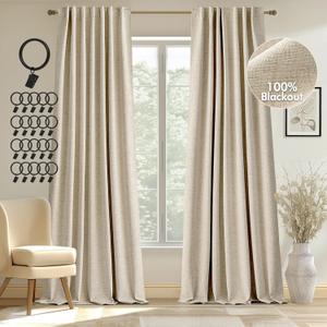 100% Blackout Curtains 84 Inch Length 2 Panels Set Farmhouse Style for Bedroom Windows/Living Room Thermal Insulated Neutral Boho Drapes Linen Blend Natural Ivory 7ft Long Hook Belt Pleated/Back Tab