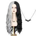 Lily Munster Wig Costume for Women Long Wavy Black with Silver Hair Party Halloween Wig