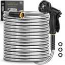 Itsonestep Garden Hose 100 FT, Metal Stainless Steel Water Hose with 10 Function Nozzles, No Kinks, Flexible Hose, Lightweight, Puncture Proof, Heavy Duty Hose for Yard and Outdoor, Silver