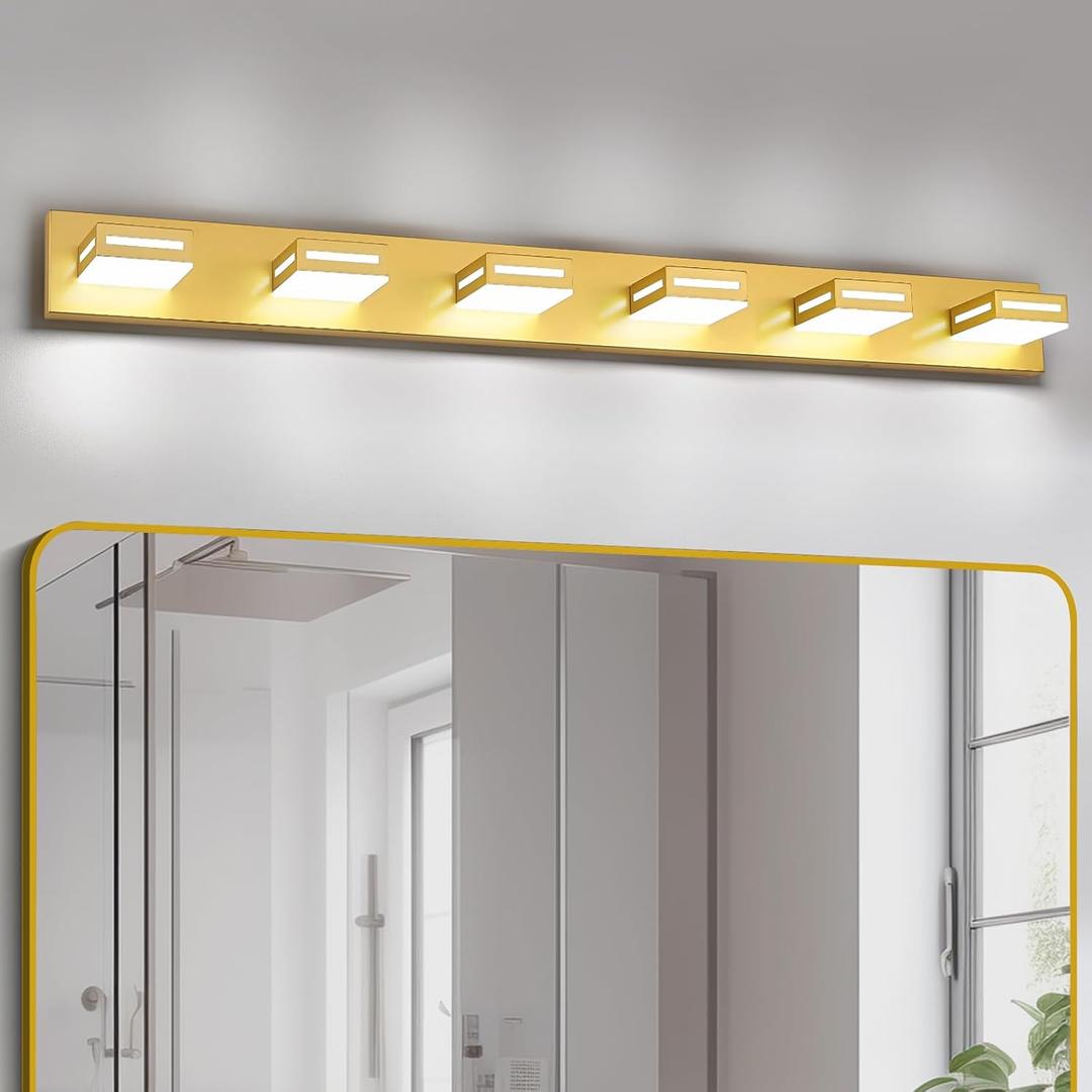 48-Inch 6-Light LED Modern Gold Bathroom Vanity Light Fixtures Over Mirror, Bathroom Lighting Fixtures with Cool White 6000K, Vanity Wall Lights for Bath Restroom Powder Room