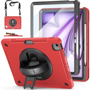Case for iPad Air 13 Inch M4/M3/M2 (2026/2025/2024): TPU Shockproof Case with Screen Protector - Stand - Handle - Shoulder Strap - Pen Holder-Red