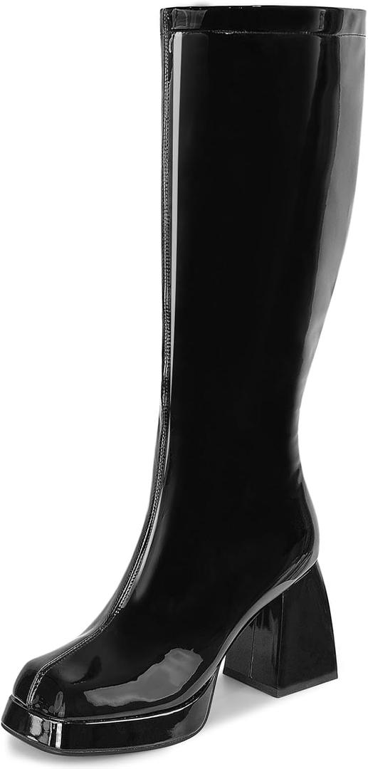 SOVANYOU Black Leather Boots Platform Boots for Women Square Toe Chunky Block Heeled Boots (9)