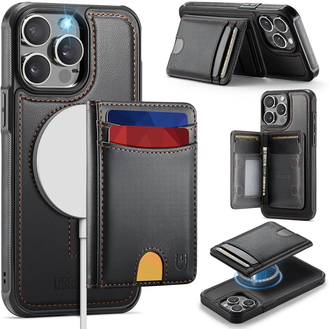 for iPhone 15 Pro Max Wallet Case Compatible with Magsafe, RFID Blocking Magnetic Card Holder Detachable Kickstand Detachable Shockproof Phone Cover, Black