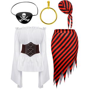 Women Pirate Costume Set - Renaissance Adult Costume With Head Scarf Hat for Carnival Mardi Gras Cosplay (Large, White)