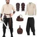 DIYLN 4 Pcs Renaissance Costume Men Medieval Shirt Ankle Banded Pants Halloween Costumes Pirate Cosplay Outfit with Viking Accessories Pouch Belt Arm Guards DY036, L