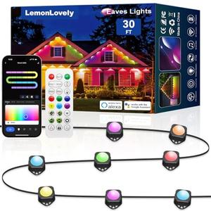 lemonlovely Permanent Outdoor Lights for House, 30ft with 20 Smart IC+RGBCW LED Eaves Lights with App/Remote Control, IP67 Waterproof Christmas Light Compatible with Alexa, Google Assistant, Black