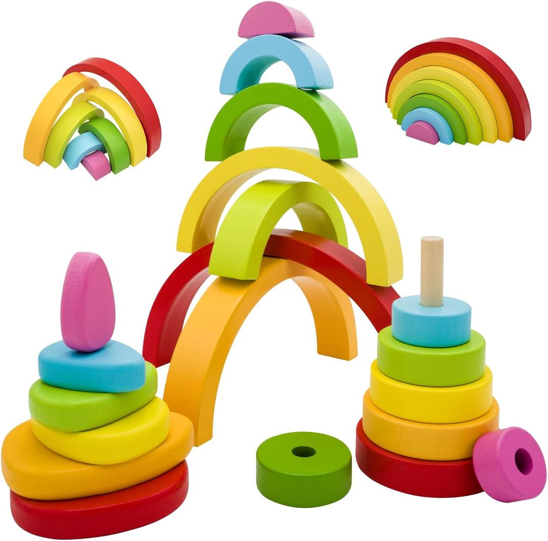 MEGRANATE Montessori Wooden Rainbow Stacking Toys for Baby Grimms Wood Building Blocks Nesting Puzzle Toy Colorful Stacker Arch Game Sensory Educational Learning Toys for 3+ Year Old Toddler