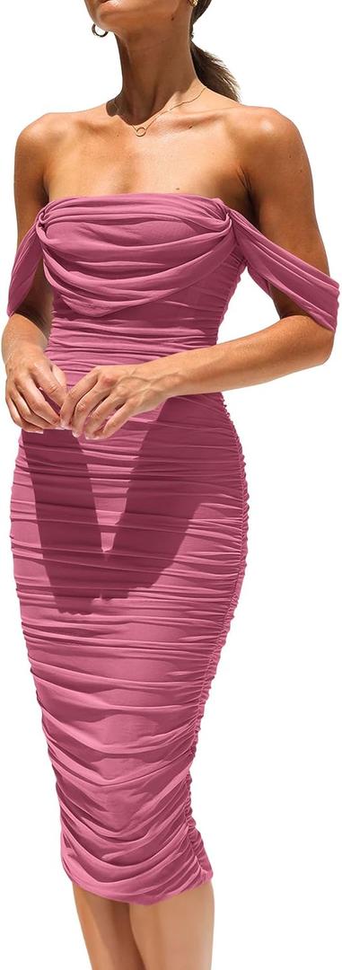 PRETTYGARDEN Summer Wedding Guest Dresses for Women 2026 Off the Shoulder Ruched Bodycon Spring Midi Cocktail Party Dress, Large