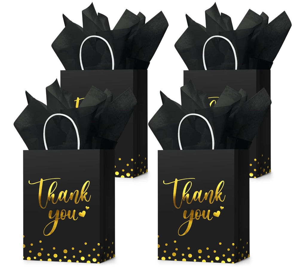 Tinlade 12 Pcs Thank You Gift Bags with Tissue Paper Gold Polka Dots Thank You Bags with Handle Party Favor for Wedding Birthday Baby Shower Business Shopping(Black)