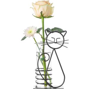 Marbrasse Desktop Glass Planter Hydroponics Vase,Planter Bulb Vase with Holder for Home Decoration,Modern Creative Cat Plant Terrarium Stand, Scindapsus Container (Lovely Cat) (A101-shuipei003)