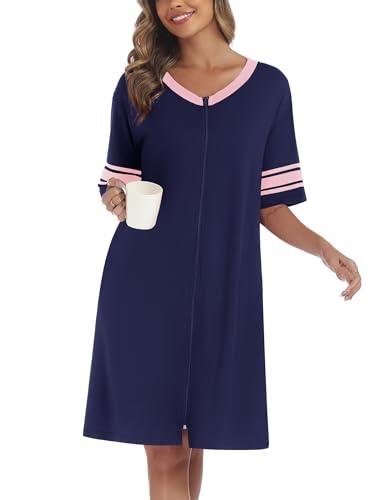 Ekouaer Women's Zip Up Robe Color Block Bathrobe with Zip Summer Robes Soft Sleepwear Navy Blue M