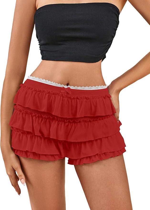 Verdusa Bloomers for Women Y2k Cute Lace Bloomer Coquette Trim Shorts Ruffle Mini Skirts Size M