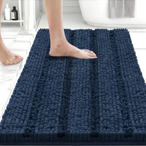 Bcoimo 24"17" Chenille Bath Mat  Non-Slip with Backing Bath Rug Ultra-Absorbent and Machine Washable Bathroom Mat Quick-Dry Design. Ideal for Bathroom and Tub Areas (Navy)