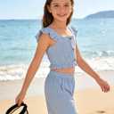 Girls Summer Outfits Flutter Sleeve Shirt Ruffle Hem Pleated Crop Top with Botton and Solid Shorts Sets Blue 11-12 Years (Blue, L)