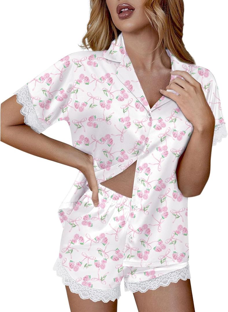 Ekouaer Womens Lace Satin Pajama Set Button Down Pj Shorts Set Bridesmaids Getting Ready Outfits Casual Sleepwear (Large, Pink Bow Hydrangea)