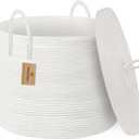 18" X 18" X 14" Extra Large White Basket with Lid, Woven Cotton Rope Basket for Blankets for Living Room, Kids Toy Storage Bin, Wicker Bathroom Towel Storage, All White Bins for Organizing